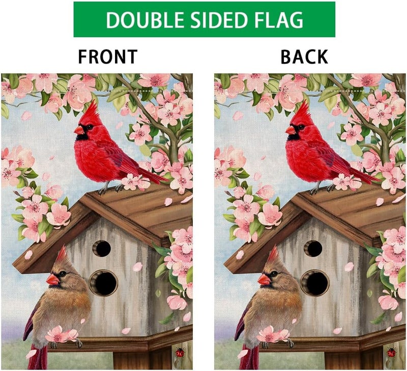 BLKWHT Spring Cardinal Bird Garden Flag 12x18 Vertical Double Sided Pink Flowers Tree Summer Farmhouse Holiday Outside Decorations Burlap Yard Flag BW792 - Image 4